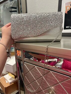 Silver Glitter Evening Clutch with Chain Strap